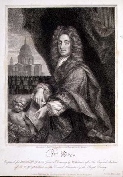 Christopher Wrenin muotokuva kaiverrettu Elmen "Wrenin elämää" varten tekijältä Godfrey (after) Kneller