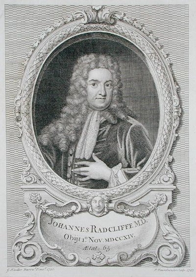 John Radcliffen (1650-1714) muotokuva julkaisusta "Plans, Sections and Elevations of the Radcliffe Library", kaiverrus Pierre Fourdrinier (k.1758) 1747 (kaiverrus) tekijältä Godfrey (after) Kneller