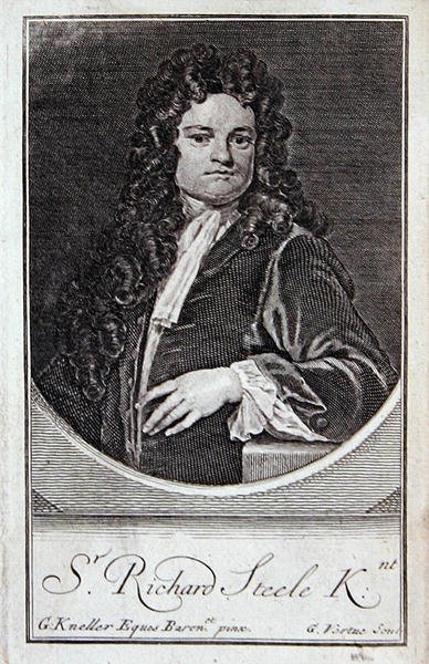 Richard Steelen muotokuva, "The Dramatic Works of Richard Steelen" etulevy, kaiverrettu George Vertue (1684-1756), Lontoo tekijältä Godfrey (after) Kneller