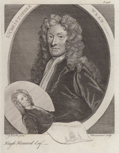 Sir Christopher Wren, englantilainen arkkitehti ja Hugh Howard, englantilainen taiteilija ja keräilijä (kaiverrus) tekijältä Godfrey (after) Kneller