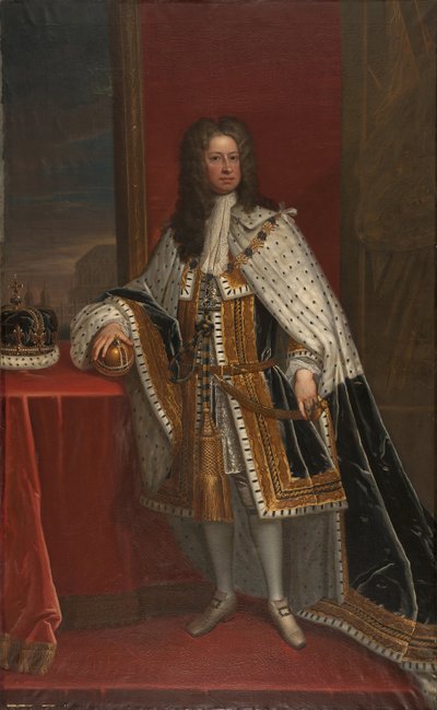 Le roi Georges I de Grande Bretagne (1660-1727) - Ison-Britannian George I:n muotokuva, kirjoittanut Kneller, Sir Gotfrey (1646-1723). Öljy kankaalle. Mitat: 239x148,5 cm. Tukholman kansallismuseo tekijältä Godfrey Kneller