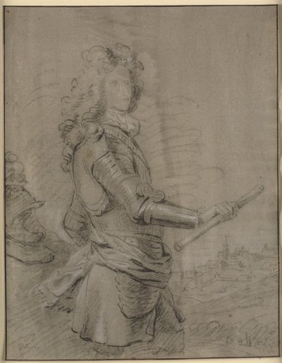 Kolmen neljäsosan muotokuva komentajasta panssaripuvussa ja sauva oikeassa kädessään. Taustalla maisema ja kaupunki tekijältä Godfrey Kneller