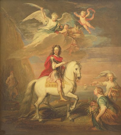 William III harmaalla laturilla, jonka Neptunus, Ceres ja Flora havaitsivat. Merkurius taivaalla ja Astrea tekijältä Godfrey Kneller