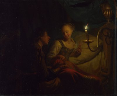 Kynttilänvalokohtaus. Mies tarjoaa kultaketjun ja kolikoita sängyllä istuvalle tytölle, n. 1665-1667 tekijältä Godfried Cornelisz Schalcken