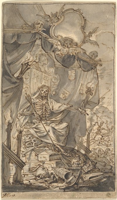 Death on a Canopied Throne Design otsikkosivulle, 1600-luvun loppu. tekijältä Godfried Maes