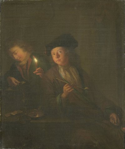 Smoker (mies piipulla ja mies kaataa juomaa lasiin) tekijältä Godfried Schalcken (attributed to)