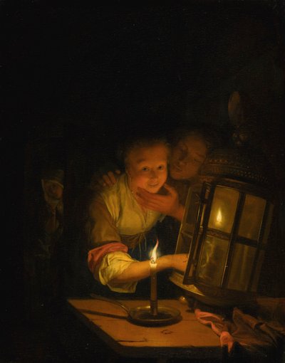 Rakastunut pariskunta kiinni lyhdyn sytyttämisestä tekijältä Godfried Schalcken