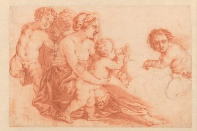 Nainen, jolla on useita lapsia Caspar Netscherin taidekirja tai opiskelualbumi (sarjan nimi) tekijältä Godfried Schalcken