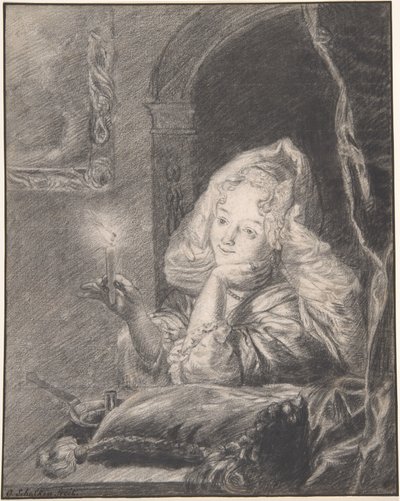 Nuori nainen istuu pöydän ääressä kynttilä kädessään tekijältä Godfried Schalcken