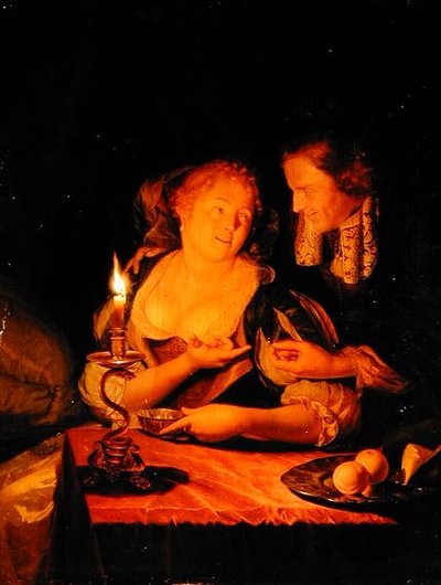 Herrasmies tarjoamassa naiselle sormusta (öljy paneelissa) tekijältä Godfried Schalcken