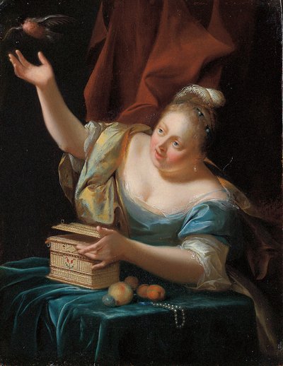 Nainen, joka istuu pöydän ääressä hienossa puvussa, vapauttaa laululintua häkistä tekijältä Godfried Schalcken