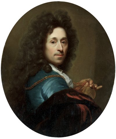 Muotokuva taiteilijasta sinisessä takissa ja ruskeassa samettiviittassa, vaaliruhtinas Palatinuksen Johann Wilhelmin medaljonki tekijältä Godfried Schalcken