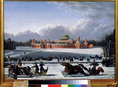 Rekikilpailu Petrovsky Parkissa Moskovassa (Venäjä) (Rekikilpailu Petrovsky Parkissa Moskovassa). A.A. Golitsynin maalaus (1800-luvun puoliväli), öljy kankaalle tekijältä Golitsyn Golitsyn