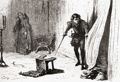 Kohtaus William Shakespearen näytelmästä Hamlet, näytös III, kohtaus 4, Hamlet: Sinä kurja, röyhkeä, tunkeutuva typerys, hyvästi! Otin sinut paremmaksi, William Shakespearen teoksista, julkaistu 189 tekijältä Gordon Frederick Browne