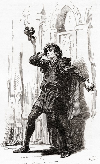 Kohtaus William Shakespearen näytelmästä Hamlet, näytös I, kohtaus 5, Hamlet: Muista sinua! Voi, sinä köyhä aave, kun muisti pitää paikkansa tässä hajamielisessä maapallossa, William Shakespearen teoksista, pu tekijältä Gordon Frederick Browne