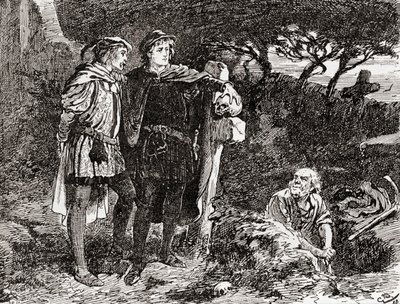 Kohtaus William Shakespearen näytelmästä Hamlet, V näytös, kohtaus 1, Hamlet: Minä tunnen hänet, Horatio, äärettömän pilailija, mitä mainioin mielikuvitus, William Shakespearen teoksista, julkaistu 1896 (e) tekijältä Gordon Frederick Browne