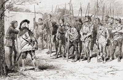 Kohtaus William Shakespearen näytelmästä Kuningas Henrik IV, osa 1, näytös IV, kohtaus 2, Falstaffin repaleinen rykmentti, William Shakespearen teoksista, julkaistu 1896 tekijältä Gordon Frederick Browne