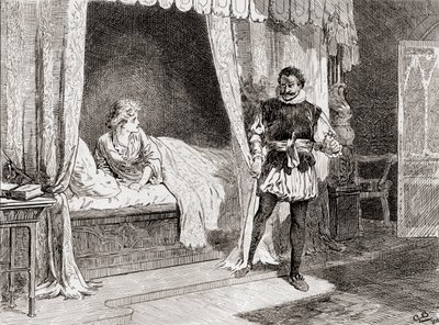 Kohtaus William Shakespearen näytelmästä Othello V näytöksen V kohtaus 2, Desdemona: Dendemona: Puhutko sinä tappamisesta? Othello: William Shakespearen teoksista, julkaistu 1896. tekijältä Gordon Frederick Browne