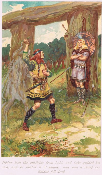 Hadur otti mistelin Louilta, kuva Alice S. Hoffmanin vuonna 1926 julkaistusta The Book of Sagas -kirjasta. tekijältä Gordon Frederick Browne