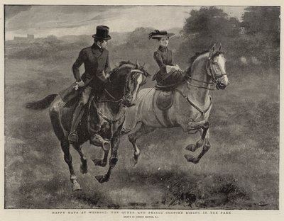Iloisia päiviä Windsorissa, Queen ja Prince Consort ratsastavat puistossa tekijältä Gordon Frederick Browne