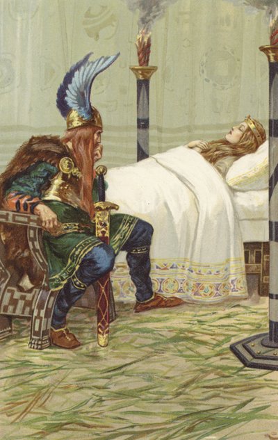 Harald istui hänen vierellään ja katseli häntä (chromolitho). tekijältä Gordon Frederick Browne