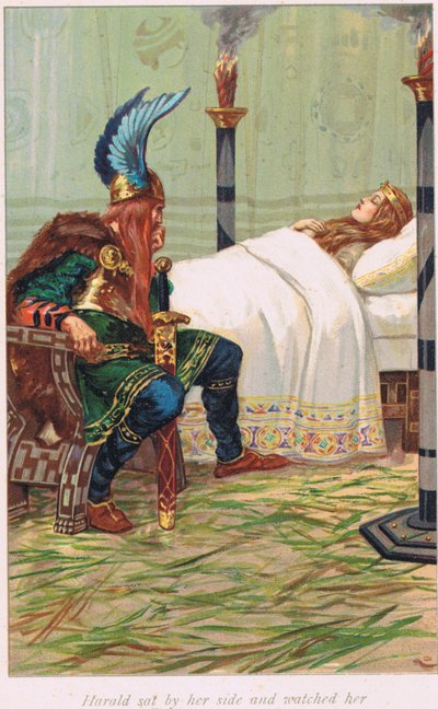 Harald istui hänen vierellään ja katseli häntä, kuvitus Alice S. Hoffmanin vuonna 1926 julkaisemasta saagakirjasta 