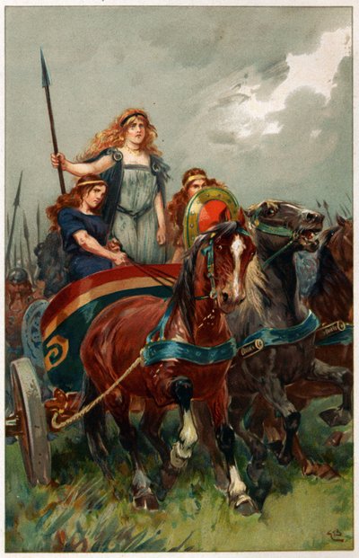 "Keihäs kädessä, Boadicea johti heidät hyökkäämään", esimerkki Alice S. Hoffmanin teoksesta "Englannin historian sankarit ja sankarit". tekijältä Gordon Frederick Browne