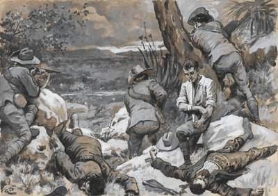 ?Buurien hyökkäys Caesarin leiriin: Kuuma kulma reunaan asennetuilla kivääreillä, 1900? tekijältä Gordon Frederick Browne