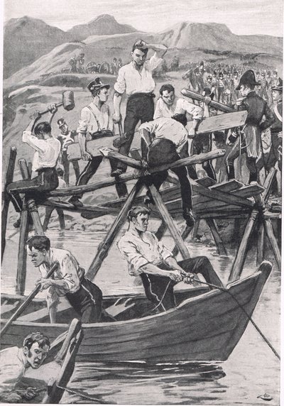 Guadianan ylittävän sillan rakentaminen, 3. huhtikuuta 1811, kuva julkaisusta "British Battles on Land and Sea", julkaisija Cassell, Lontoo, n. 1910 tekijältä Gordon Frederick Browne