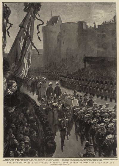 Kulkue High Streetillä, Windsor, Bluejackets piirtää asevaunun tekijältä Gordon Frederick Browne