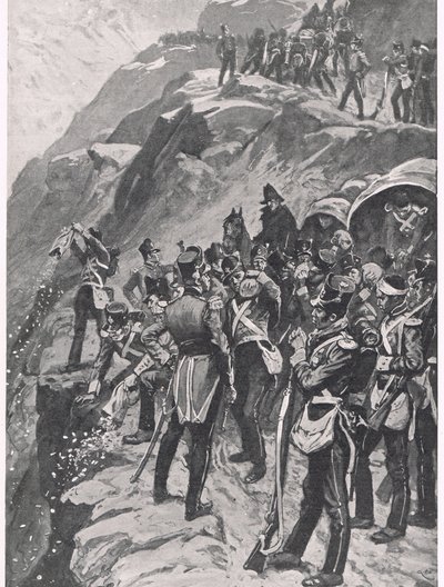 Retreat to Corunna: Hurling the Silver alas vuorenrinnettä, kuvitus teoksesta "British Battles on Land and Sea", julkaisija Cassell, Lontoo, noin 1910 tekijältä Gordon Frederick Browne