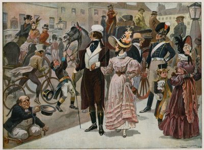 Vuosisadamme alkuajat - Piccadilly, Lontoo, vuonna 1800; värillinen levy tekijältä Gordon Frederick Browne