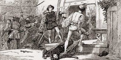 Tybaltin tappoi Romeo, kohtaus William Shakespearen Romeo ja Julia, näytös III, kohtaus 1, William Shakespearen teoksista, julkaistu 1896 tekijältä Gordon Frederick Browne