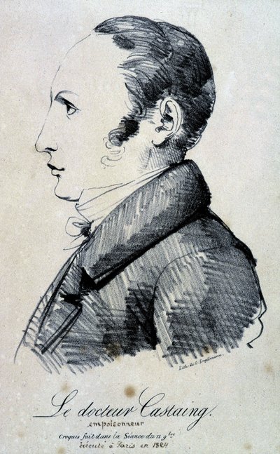Muotokuva tohtori Castaingista, myrkyttäjästä. Hän käytti morfiinisuolaa, hydrokloridia tappaakseen ystävänsä Hippolyte Balletin vuonna 1823. Se teloitettiin Pariisissa vuonna 1824. Engelmannin litografia 11. marraskuuta tehdystä luonnoksesta. tekijältä Gottfried or Godefroy Engelmann