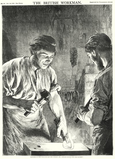 Kiilan ohueen päähän pääseminen tai "Lyö, kun rauta on kuumaa" (kaiverrus) tekijältä Gourlay Steel