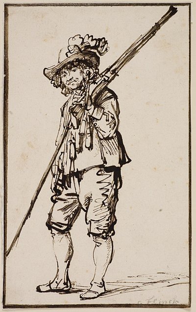 Seisova sotilas musketti olkapäällään tekijältä Govert Flinck