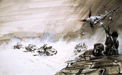 Viiden raskaan kuorma-auton saattue ylittää Egyptin hiekkamerta, kun vihollisen lentokone hyökkää sitä vastaan (guassi paperille). tekijältä Graham Coton