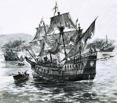 Draken laiva Golden Hind nilkuttaa takaisin Portsmouthiin mukanaan valtavia rikkauksia. tekijältä Graham Coton
