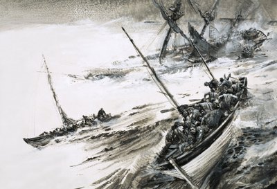 Tunnistamaton haaksirikko, jossa pelastusveneet pakenevat myrskyävään merenkäyntiin. tekijältä Graham Coton