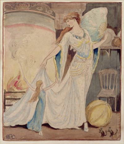 Kuvitus "The Slippers of Cinderella", n. 1919 (akvarelli, kynä ja muste paperille) tekijältä Graham Robertson