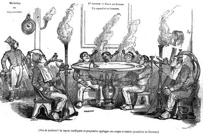 Sarjakuva Grandvillestä, joka kuvaa korpraalia ja hänen miehiään Salle des Barbesissa istumassa höyrykoneen kanssa ajelemassa niitä ilman parturien apua. "" Maalauksellisessa kaupassa"" 1835 tekijältä Grandville