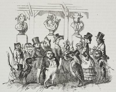 Uloskäynti teatterista, karikatyyri Jean-Jacques Grandville (1803-1847), litografia Giovanni Mariani, Poliorama Pittoresco, n. 39, 7. toukokuuta tekijältä Grandville