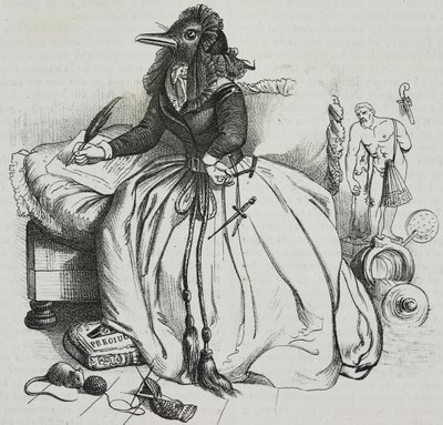 Lukutaito nainen, karikatyyri Jean-Jacques Grandville (1803-1847), litografia Giovanni Mariani Poliorama Pittorescosta, n:o 18, 11. joulukuuta tekijältä Grandville