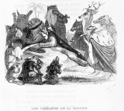 Leijonan hautajaiset - "" Fables de La Fontaine"" ill. kirjoittanut Grandville tekijältä Grandville