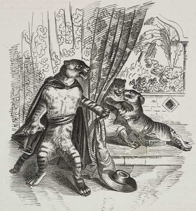 Tiikeri etenee tikarin kanssa, karikatyyri Jean-Jacques Grandville (1803-1847), litografia Gaetano Riccio Poliorama Pittorescosta, n. 39, 7. toukokuuta tekijältä Grandville