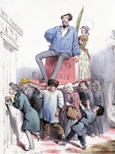 Alfred de Vigny kolkuttelemassa Akatemian oveen täydellisineen teoksineen ja Eugène Sue, joka istuu "" Les mystères de Paris" -teoksella, pukeutunut prinssi Rodolphen siniseen kangaspalettiin - Grandville, "" Le Charivari""" 21/02/1844 tekijältä Grandville