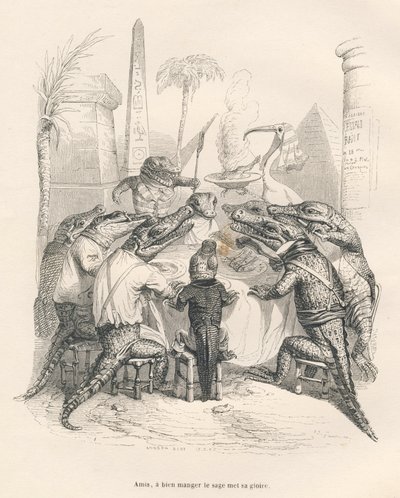 Krokotiilit pöydän ympärillä Egyptissä. JJ Granvillen kuvittamat pikkukuvat. Kaiverrus allekirjoitettu Andrew, Best ja Leloir Emile de La Bedollieren kirjoittamassa osassa "Muistoja krokotiilista" "Kohtauksia eläinten yksityisestä ja julkisesta elämästä". tekijältä Grandville