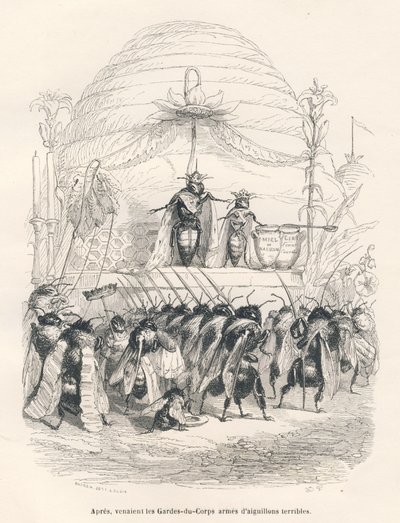Kuningatar mehiläinen ja hänen armeijansa. JJ Granvillen kuvittamat pikkukuvat. Kaiverrus allekirjoitettu Andrew, Best ja Leloir osassa nimeltä "Journey of a sparrow from Paris", jonka on kirjoittanut George Sand teoksessa "Kohtauksia eläinten yksityisestä tekijältä Grandville
