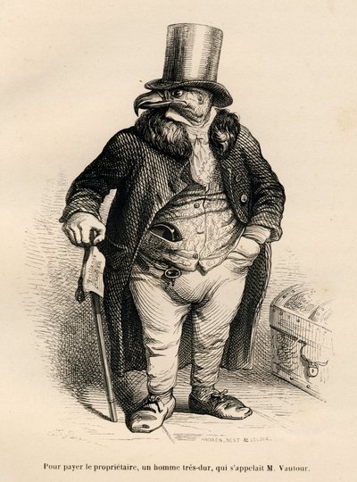Korppikotka kiinteistönomistajana. JJ Granvillen kuvittamat pikkukuvat. Kaiverrus allekirjoitettu Andrew, Best ja Leloir PJ Stahlin kirjoittamassa osassa "History of a jänis" "Kohtauksia eläinten yksityisestä ja julkisesta elämästä". Paris, J. Hetzel ja Pa tekijältä Grandville