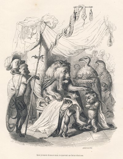 Les jeunes lionceaux recoivent la benediction du roi lion. Vinjettikuvat, JJ Granville. Syväsyväkirjoitus Breviere dans la partie intitulee "Voyage d